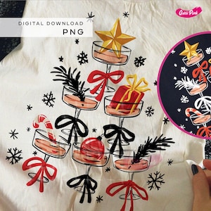 May include: A white t-shirt with a festive Christmas tree design. The tree is composed of champagne glasses, gifts, and decorations. The design includes a gold star, red bows, and snowflakes. The words "DIGITAL DOWNLOAD PNG" are printed on the top left.