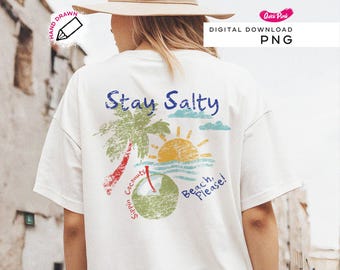 Stay Salty PNG, Retro Summer PNG, Retro Summer shirt, Summer PNG, Beach and coconut,  Sublimation, Aesthetic Summer t-shirt print