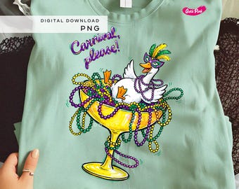 Carnival Please Goose PNG, Funny Mardi Gras Coupe Glass with Beads, Fat Tuesday Duck Carnival Sublimation Design, Festive Cocktail Art