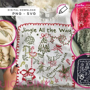 以下が含まれることがあります： クリスマスデザインの白いTシャツ。「Jingle All the Way」の文字と、赤、緑、金色のフェスティバルイラストが特徴です。他のシャツやスウェットシャツのデザインを示す追加画像があります。