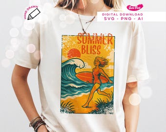 Summer Bliss Retro Surf Girl T-Shirt Design Svg Png | Beach Vibes Art for Women | Vintage summer vibes t-shirt | Digital Download