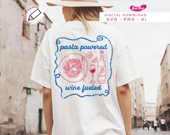 Macarrão com vinho png, Retro Summer Vibes png, Design de camiseta png do Pasta Club, Camiseta de comida italiana, Estampa de verão com espaguete