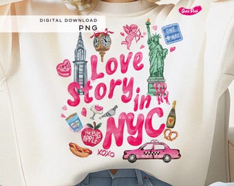 Love Story in NYC Png, Valentine’s Day New York City Aesthetic, New York Print for Clothing, T-Shirts, Watercolor Design, Hand-drawn print