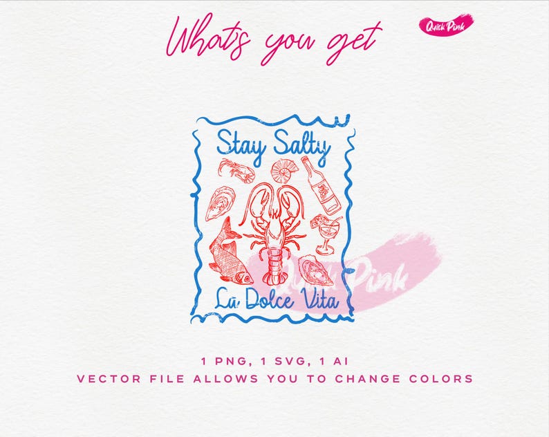 以下が含まれることがあります： 青と白のスタンプの形をしたグラフィックで、赤い文字で「Stay Salty」と「La Dolce Vita」と書かれています。グラフィックには、ロブスター、魚、その他のシーフードのイラストが描かれています。