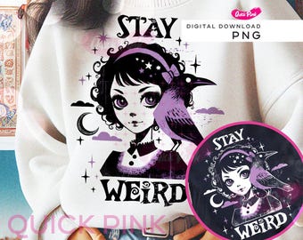 Stay Weird Png、気まぐれな紫色の少女、魔女っぽい雰囲気、カラスのヴィンテージグランジ、魔女っぽい雰囲気のハロウィーン、グランジの神秘的なデジタルシャツデザイン