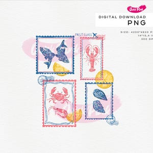 Pode incluir: Download digital PNG com quatro designs de selos postais com ilustra&ccedil;&otilde;es de frutos do mar. Os selos mostram um peixe, uma lagosta, um caranguejo, camar&otilde;es e ostras, com fatias de lim&atilde;o. Os selos s&atilde;o emoldurados em azul e rosa.