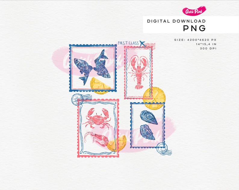 Pode incluir: Download digital PNG com quatro designs de selos postais com ilustra&ccedil;&otilde;es de frutos do mar. Os selos mostram um peixe, uma lagosta, um caranguejo, camar&otilde;es e ostras, com fatias de lim&atilde;o. Os selos s&atilde;o emoldurados em azul e rosa.