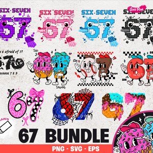 Op de afbeelding: Een verzameling kleurrijke digitale ontwerpen met de cijfers 6 en 7, in verschillende stijlen. Inclusief pixelachtige, cartoon- en dessert-thema illustraties, met de tekst "67 BUNDLE".