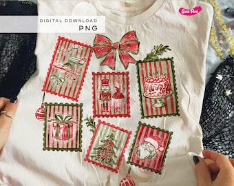 Whimsical Christmas Stamps PNG, Retro Christmas Shirt Design, Retro holiday PNG for shirts, Hand-drawn Santa Claus print, Trendy png