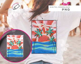 Retro Summer sunset PNG, Beach aesthetic shirt design, Vintage summer vibes png, Summer Beach Shirt Print, Palm Tree & Ocean Aesthetic