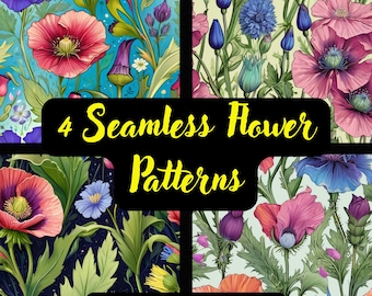 4 Vibrant Seamless Floral Patterns for Commercial or Personal Use/ Home Decor, Digital Fabric, Textiles, and More/JPG & PNG Formats/ 3 Sizes