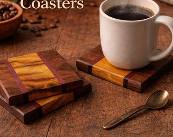 Wood Coasters Set of 4, Walnut Purpleheart Osage Orange, Thick Exotic Drink Coasters, Rustic Barware, Housewarming Gift