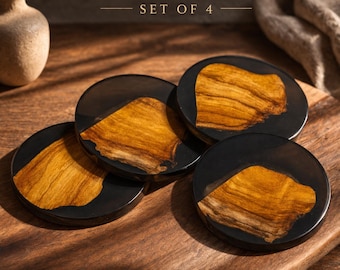 Wood Coasters Set of 4, Osage Orange & Resin Drink Coasters, Exotic Hardwood, Rustic Home Decor, Housewarming Gift