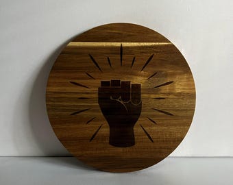 Black Power Fist Serving Tray, Food Safe Acacia Wood Round Plate, Pride & Equality Decor, Empowerment Gift, Display Tray