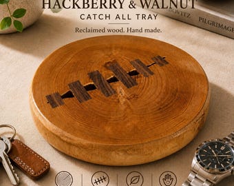 Hackberry Wood Catch All Tray Walnut Stitches | One of a Kind Wood Round Tray | Handmade Desk Tray
