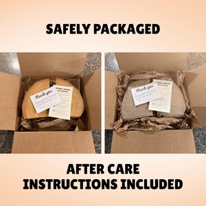 May include: Two cardboard boxes, each containing a wooden item, are shown. The items are wrapped in brown paper and packing material. Each box has a small card that says "thank you" and another card with text. The text "SAFELY PACKAGED" and "AFTER CARE INSTRUCTIONS INCLUDED" are displayed.