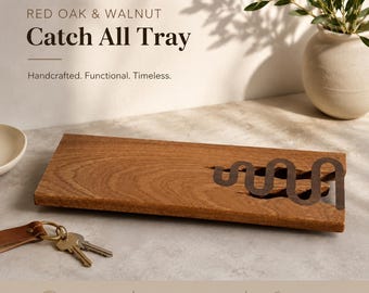 Red Oak Walnut Inlay Catch All Tray | Live Edge Wood Desk Tray Wavy Inlay | Handmade Wood Tray Gift