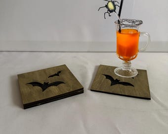 Bat Coasters Set of 4, Flying Bat Wood Drink Coasters, Gothic Halloween Tablescape, Spooky Barware, Goth Gift Idea
