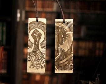 Black Woman Wood Bookmark, Afro Side Profile with Inclusive Symbols, Customizable, Gift for Readers, Empowerment Bookish Gift