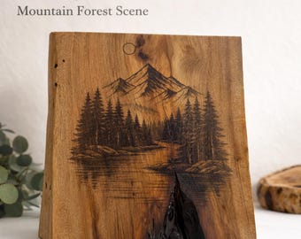 Mountain Wood Wall Art, Laser Engraved Forest Scene on Live Edge Pecan, Rustic Cabin Decor, Ready to Hang, Nature Lover Gift