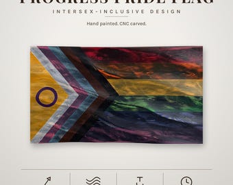 Progress Pride Flag Wood Wall Art | Hand Painted Intersex Inclusive LGBTQ Decor | Carved Rustic Pride Gift