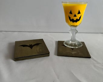 Bat Coasters Set of 4, Laser Engraved Wood Drink Coasters, Gothic Halloween Decor, Spooky Barware, Goth Home Gift