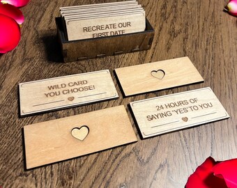 Wooden Love Coupons, 12 Engraved Romantic Tokens with Gift Box, Anniversary Gift  & Her, Valentines Couples Gift
