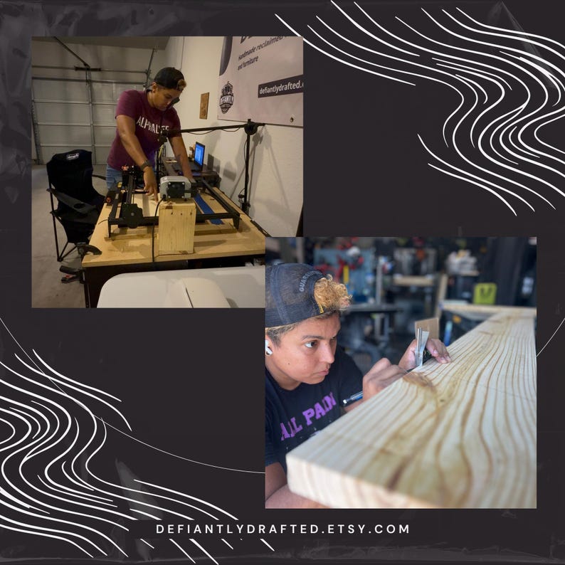 May include: Two images showing woodworking. One shows a person working with a laser cutter on a table. The other shows a person working on a wooden plank. The Etsy shop name "DefiantlyDrafted.etsy.com" is at the bottom.