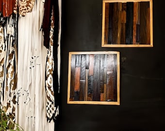 Wood Wall Art Set of 2, Earth-Tone Pallet Panels 12x12, Rustic Framed Decor, Ready to Hang, Boho Living Room Wall Decor