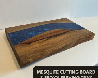 Mesquite Cutting Board, Reversible Blue Epoxy River Serving Board, Live Edge Charcuterie Board, Wedding & Housewarming Gift
