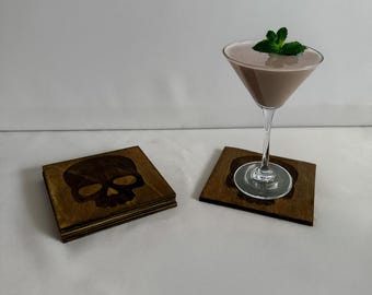 Skull Coasters Set of 4, Laser Engraved Wood Drink Coasters, Rustic Gothic Halloween Decor, Spooky Barware, Goth Gift