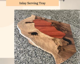 Wood Serving Tray Live Edge, Black Walnut Burl with Padauk Inlay, Ottoman Coffee Table Tray, Rustic Decor, One of a Kind Gift
