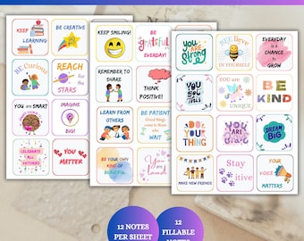 May include: A set of 12 printable affirmation notes for kids' lunchboxes. The notes feature colorful illustrations and positive messages like "You are strong", "Be kind", and "You matter".