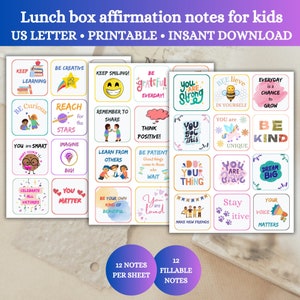 Lunchbox-Notizen für Kinder, gebrauchsfertige und anpassbare Nachrichten, Schulanfang, Lunchbox-Notizvorlagen, positive Affirmationen für Kinder