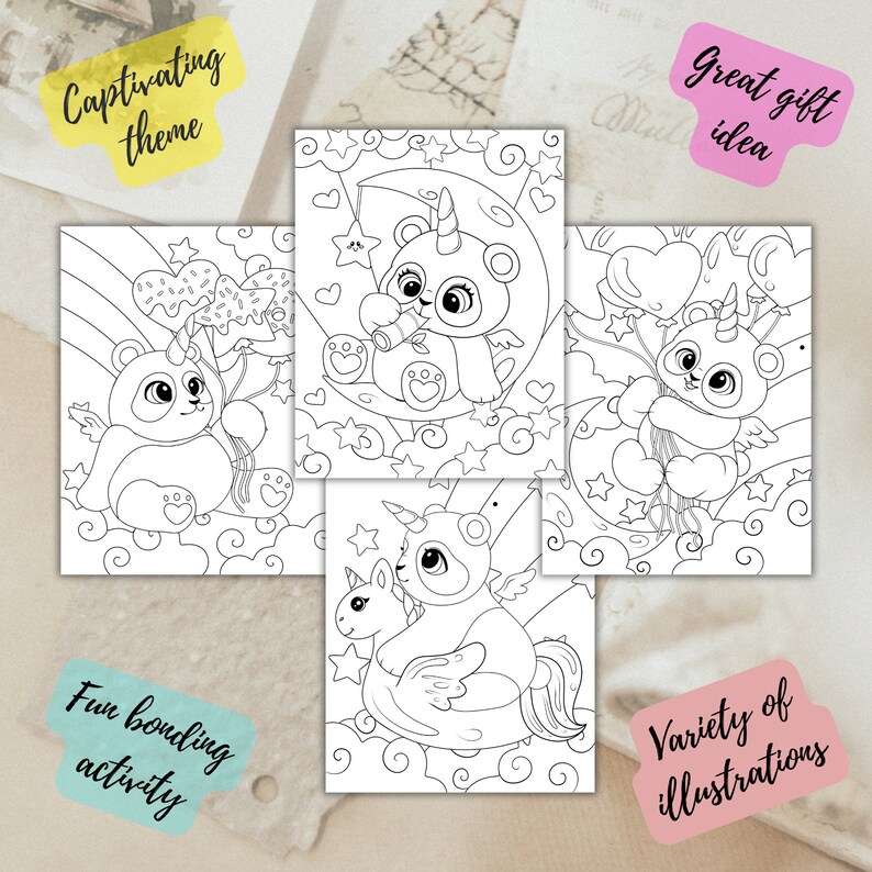 30 Pandacorn Coloring Page Book, for Kids and Adults, Instant Download
