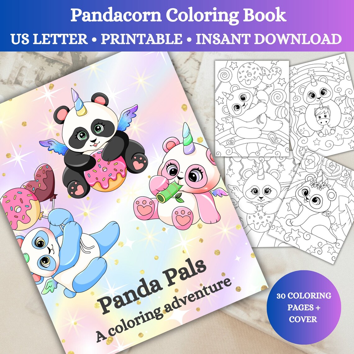 30 Pandacorn Coloring Page Book, for Kids and Adults, Instant Download