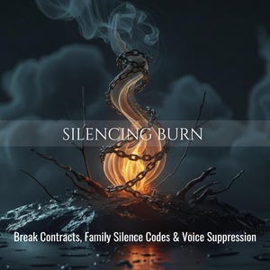 May include: Digital art with the text "SILENCING BURN" above a stylized flame wrapped in chains. The image includes the text "Break Contracts, Family Silence Codes & Voice Suppression" at the bottom, set against a dark, smoky background.