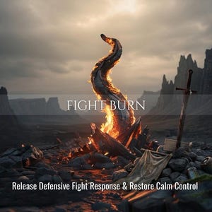May include: A bonfire with a dark, curved object rising from the center, surrounded by rocky terrain. A sword stands upright in the stones next to a draped cloth. The text reads: FIGHT BURN. Release Defensive Fight Response & Restore Calm Control.