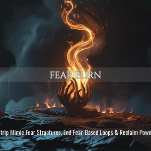 Puede incluir: Imagen digital artística con el texto "FEAR BURN". Una llama naranja y ardiente se eleva desde una base oscura y texturizada, con las palabras "Strip Mimic Fear Structures, End Fear-Based Loops & Reclaim Power" en la parte inferior.