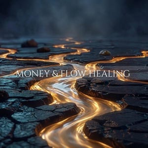 May include: A dark, cracked, dry landscape with a glowing, golden, liquid-like stream flowing through the center. The text MONEY & FLOW HEALING is centered in white, serif capital letters over the flowing golden light and dark terrain.