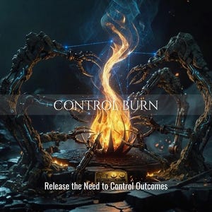 May include: Digital artwork featuring a fiery core surrounded by mechanical, claw-like structures. The text "CONTROL BURN" is displayed above the flames, with the phrase "Release the Need to Control Outcomes" below.