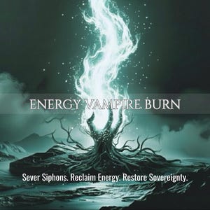 May include: Digital art with a dark, mystical theme. The image features a glowing, ethereal energy burst emanating from a stylized tree-like form. Text reads "ENERGY VAMPIRE. BURN" and "Sever Siphons. Reclaim Energy. Restore Sovereignty."