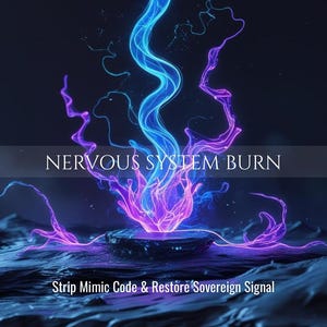 May include: Digital artwork in dark blue and purple tones. It depicts a glowing energy form with the text "NERVOUS SYSTEM BURN" and "Strip Mimic Code & Restore Sovereign Signal". The image has a futuristic aesthetic.