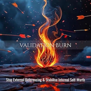 Può includere: Un'illustrazione digitale con una fiamma centrale che si alza da un terreno scuro e crepato, circondata da frecce arancioni volanti. Il testo VALIDATION BURN è centrato, con il testo Stop External Referencing & Stabilise Internal Self-Worth sottostante.