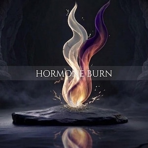 May include: A stylised flame with white, orange, and purple hues rising from a dark, flat stone base. The text HORMONE BURN is centred across the image in a white serif font. The flame emits small sparks and creates a reflection on the surface.