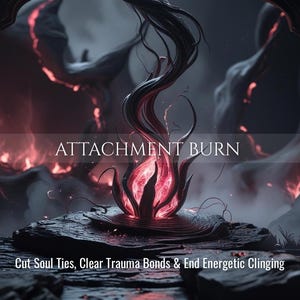 May include: Digital art depicting a fiery, stylized flame with the text "ATTACHMENT BURN". The flame is surrounded by dark, textured rock formations and a smoky, red-orange glow. The text "Cut Soul Ties, Clear Trauma Bonds & End Energetic Clinging" is also present.