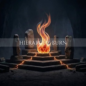 May include: A stone altar with a central fire burning in orange and yellow flames, surrounded by four upright stone pillars. Glowing orange lines extend from the base of the fire across the tiered stone steps. The text HIERARCHY BURN is visible.
