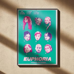Op de afbeelding: Een ingelijste poster met gestileerde portretten van personages uit de tv-serie "Euphoria". De poster heeft een zeegroene achtergrond en de titel van de serie in het wit. De portretten zijn in pop-art stijl, met levendige kleuren en gedurfde lijnen.