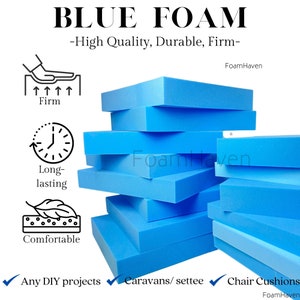 May include: Stack of blue foam squares, labelled "Blue Foam - High Quality, Durable, Firm - FoamHaven".  The foam is described as firm, long-lasting, and comfortable.  The foam is ideal for DIY projects, caravans, and chair cushions.