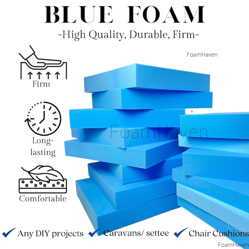 K&ouml;nnte beinhalten: Stapel von blauen Schaumstoffquadraten, beschriftet "Blue Foam - Hochwertige, strapazierf&auml;hige, feste Qualit&auml;t - FoamHaven". Der Schaumstoff wird als fest, langlebig und bequem beschrieben. Der Schaumstoff ist ideal f&uuml;r DIY-Projekte, Wohnwagen und Stuhlkissen.